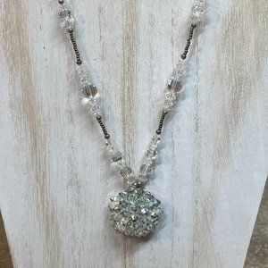 REPURPOSED vintage BROOCH clear faceted crystal glass bead NECKLACE artisan made